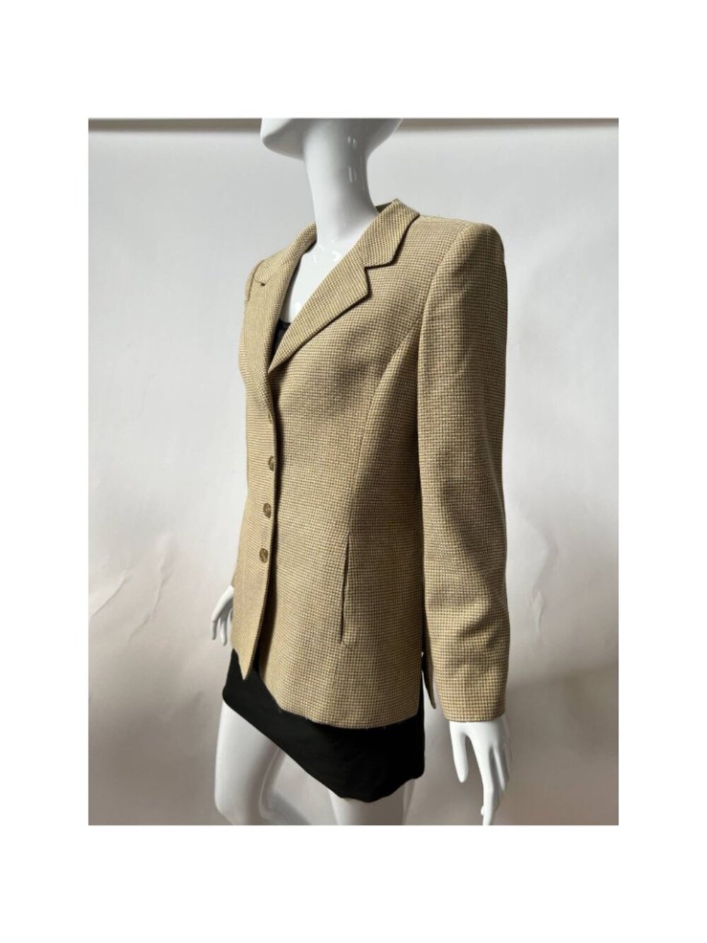 Linda Allard Ellen Tracy Vintage Petite Blazer Beige Houndstooth Wool Silk Blend - Picture 6 of 12